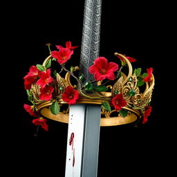 A striking image featuring a silver sword with an intricately designed hilt covered in lush, intertwined vines and vibrant red flowers