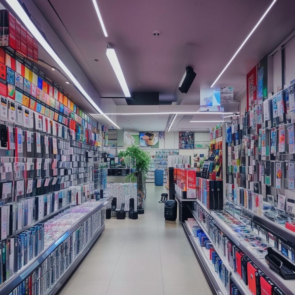 Inside view of a vibrant and well-organized phone accessories store, filled with diverse selection of phone cases, chargers, and earphones.