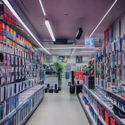 Inside view of a vibrant and well-organized phone accessories store, filled with diverse selection of phone cases, chargers, and earphones.