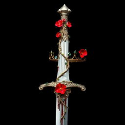 A striking image featuring a silver sword with an exquisitely designed hilt covered in lush, entwined vines and bright red flowers