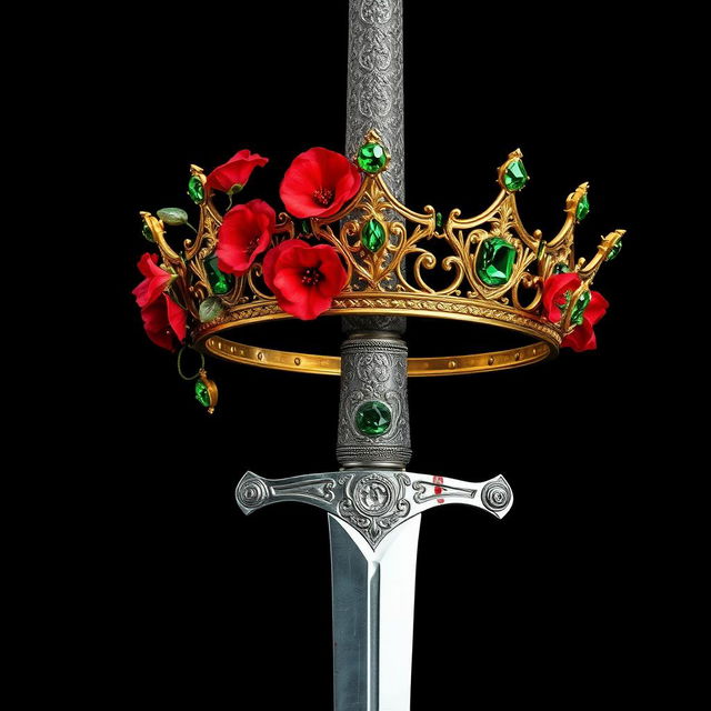 A striking image featuring a silver sword with an exquisitely designed hilt covered in lush, entwined vines and bright red flowers