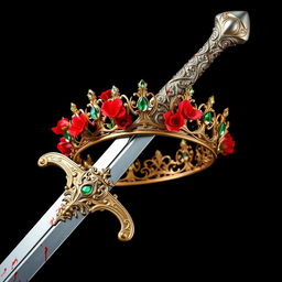 A striking image featuring a silver sword with an exquisitely designed hilt covered in lush, entwined vines and bright red flowers