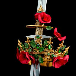 A striking image of a silver sword elegantly designed with a hilt that is intricately covered in vibrant red flowers and lush green vines