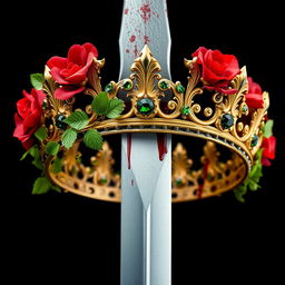 A striking image of a silver sword elegantly designed with a hilt that is intricately covered in vibrant red flowers and lush green vines