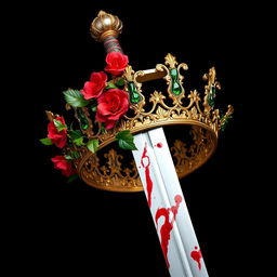 A striking image of a silver sword elegantly designed with a hilt that is intricately covered in vibrant red flowers and lush green vines