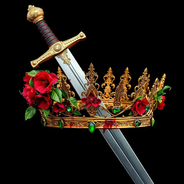 A striking image of a silver sword elegantly designed with a hilt that is intricately covered in vibrant red flowers and lush green vines