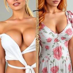 A split screen showcasing two close-up torso shots of gorgeous females