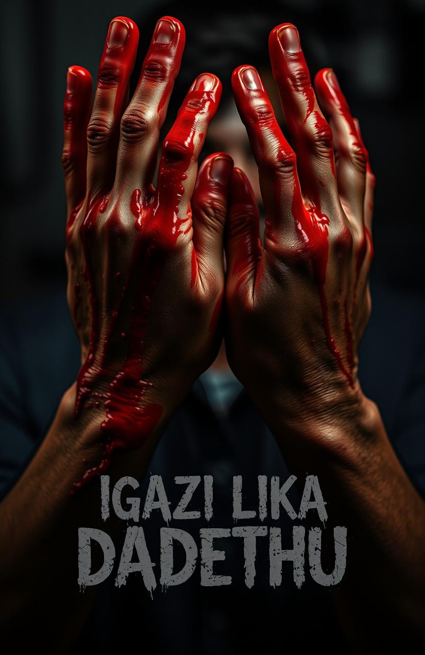 A dramatic scene depicting hands covered in a lot of blood, conveying a sense of chaos and urgency