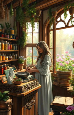A detailed scene depicting a serene herbalist's shop, filled with various herbs hanging from the ceiling and shelves lined with vibrant jars of ingredients