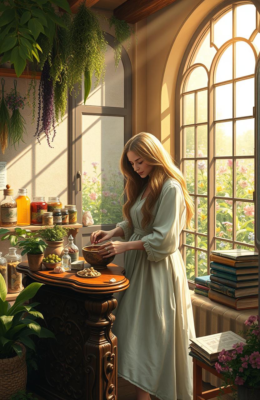 A detailed scene depicting a serene herbalist's shop, filled with various herbs hanging from the ceiling and shelves lined with vibrant jars of ingredients