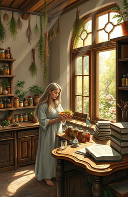 A detailed scene depicting a serene herbalist's shop, filled with various herbs hanging from the ceiling and shelves lined with vibrant jars of ingredients