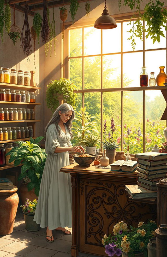 A detailed scene depicting a serene herbalist's shop, filled with various herbs hanging from the ceiling and shelves lined with vibrant jars of ingredients