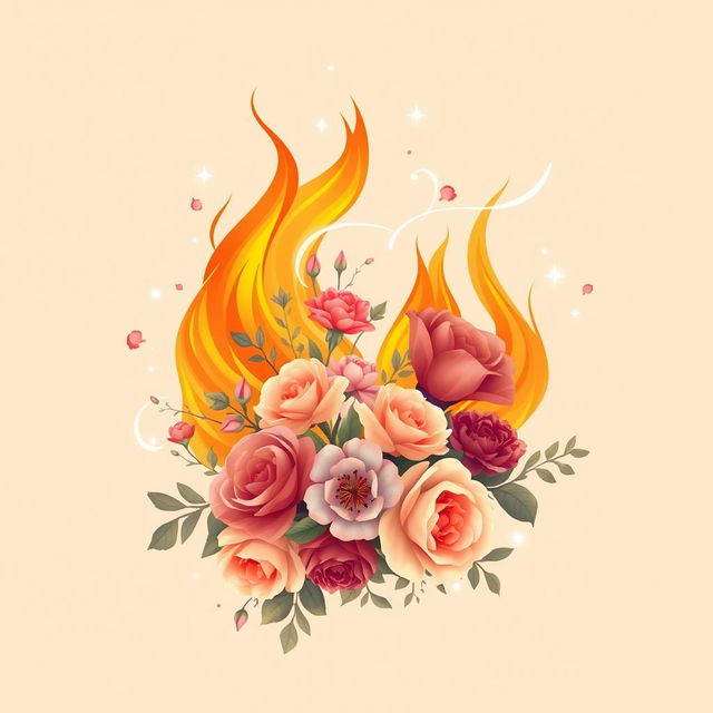 A classic and simple design showcasing an enchanting composition of fire, flowers, and magical wisps