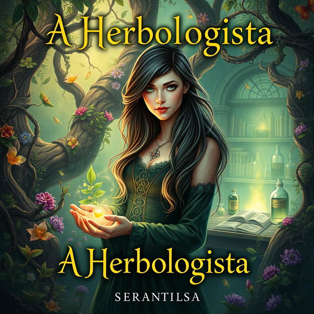 An enchanting book cover design for a fantasy novel titled "A Herbologista"