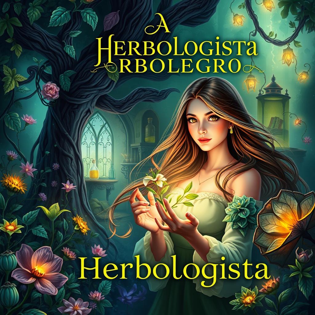 An enchanting book cover design for a fantasy novel titled "A Herbologista"