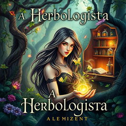 An enchanting book cover design for a fantasy novel titled "A Herbologista"