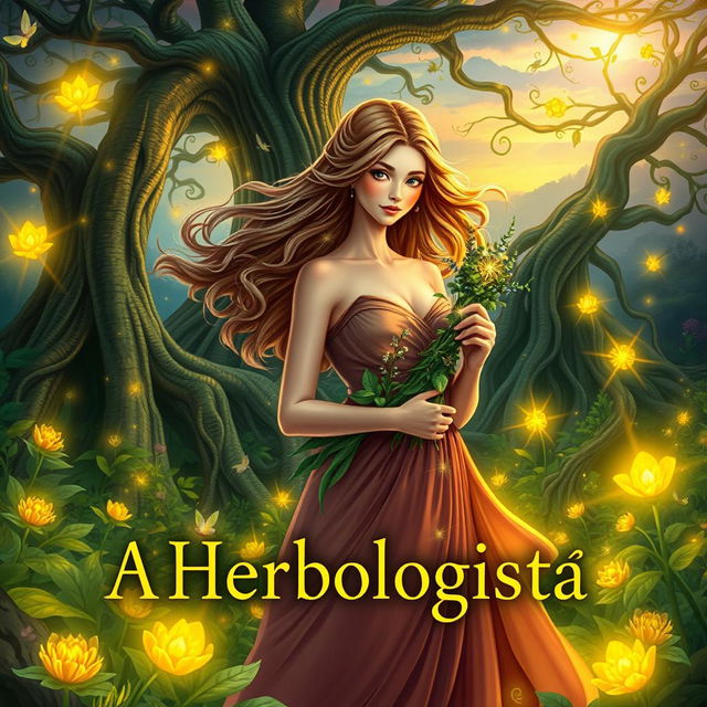 An enchanting book cover design for a herbalism fantasy novel titled 'A Herbologista'