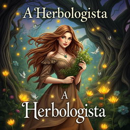 An enchanting book cover design for a herbalism fantasy novel titled 'A Herbologista'