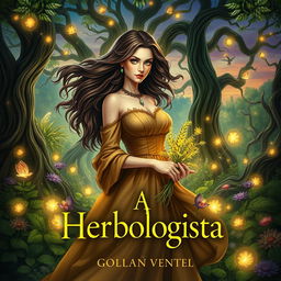 An enchanting book cover design for a herbalism fantasy novel titled 'A Herbologista'