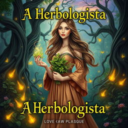 An enchanting book cover design for a herbalism fantasy novel titled 'A Herbologista'