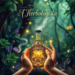An enchanting book cover design for a herbalism fantasy novel titled "A Herbologista"