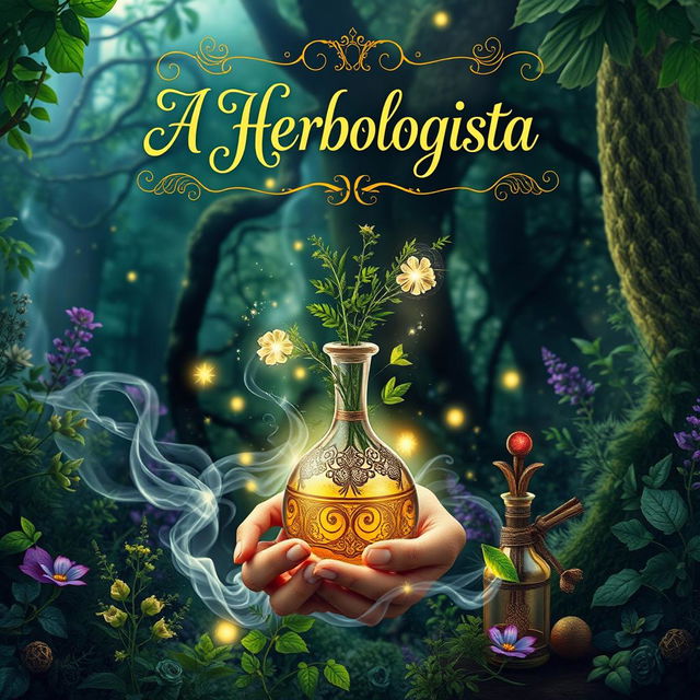 An enchanting book cover design for a herbalism fantasy novel titled "A Herbologista"