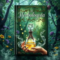 An enchanting book cover design for a herbalism fantasy novel titled "A Herbologista"