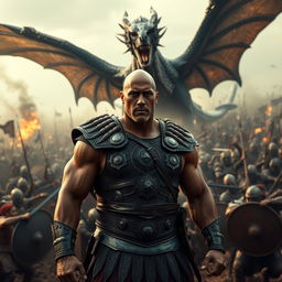 An epic trailer scene for 'Zack Snyder's 300: Born of an Empire' featuring Dwayne Johnson as a fierce warrior amidst a chaotic battlefield