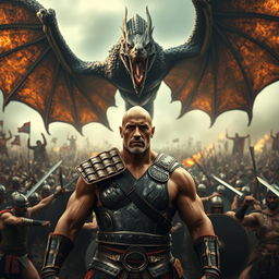 An epic trailer scene for 'Zack Snyder's 300: Born of an Empire' featuring Dwayne Johnson as a fierce warrior amidst a chaotic battlefield