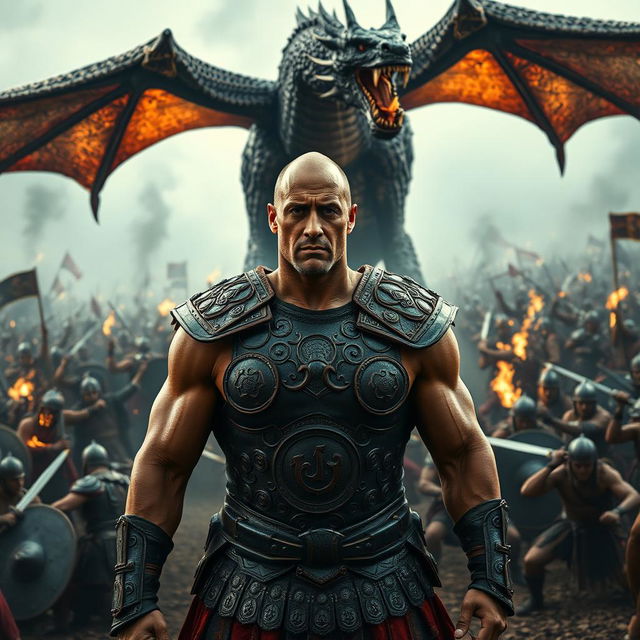 An epic trailer scene for 'Zack Snyder's 300: Born of an Empire' featuring Dwayne Johnson as a fierce warrior amidst a chaotic battlefield