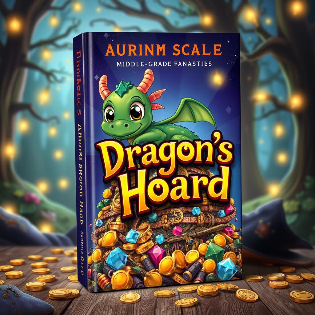 A captivating book cover design for 'Dragon's Hoard' by Aurum Scales, featuring a cute, cartoonish dragon with oversized, friendly eyes, snuggled protectively around a colorful pile of glittering treasure