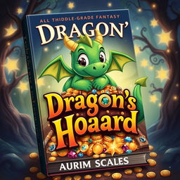 A captivating book cover design for 'Dragon's Hoard' by Aurum Scales, featuring a cute, cartoonish dragon with oversized, friendly eyes, snuggled protectively around a colorful pile of glittering treasure