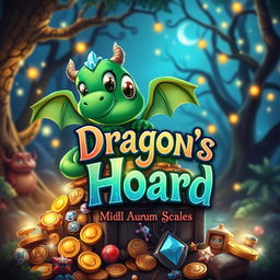 A captivating book cover design for 'Dragon's Hoard' by Aurum Scales, featuring a cute, cartoonish dragon with oversized, friendly eyes, snuggled protectively around a colorful pile of glittering treasure