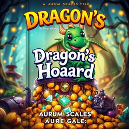 A captivating book cover design for 'Dragon's Hoard' by Aurum Scales, featuring a cute, cartoonish dragon with oversized, friendly eyes, snuggled protectively around a colorful pile of glittering treasure
