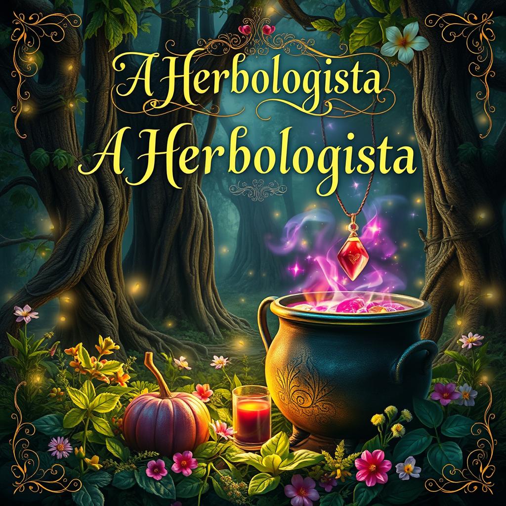 An enchanting book cover design for a fantasy novel titled 'A Herbologista'