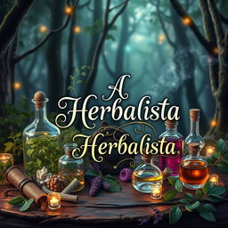 An enchanting and mysterious book cover design featuring a beautifully arranged collection of potions and elixirs