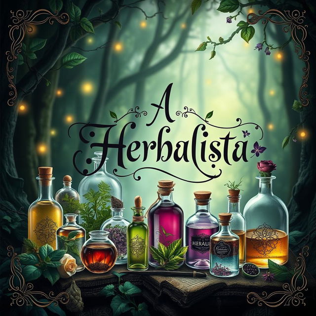 An enchanting and mysterious book cover design featuring a beautifully arranged collection of potions and elixirs