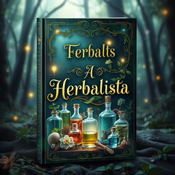 An enchanting and mysterious book cover design featuring a beautifully arranged collection of potions and elixirs