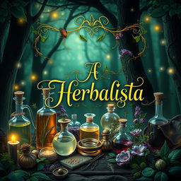 An enchanting and mysterious book cover design featuring a beautifully arranged collection of potions and elixirs