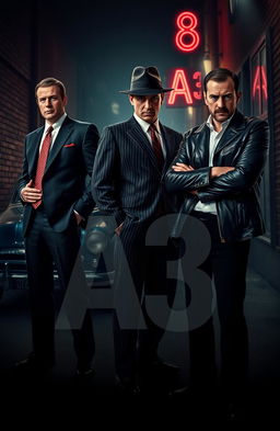 A cinematic scene featuring three men dressed in a classic mafia style
