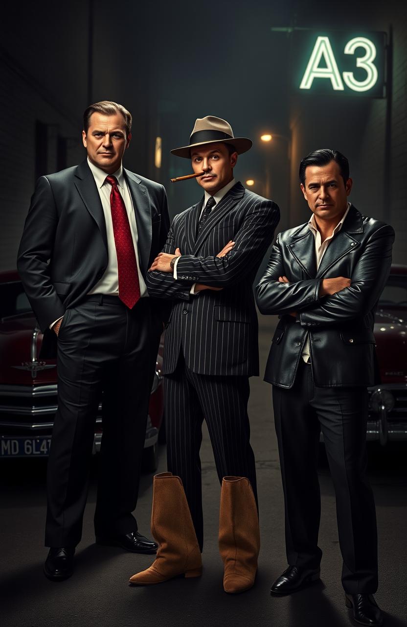 A cinematic scene featuring three men dressed in a classic mafia style