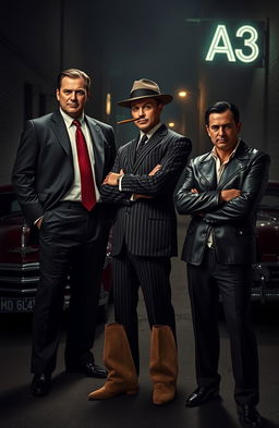 A cinematic scene featuring three men dressed in a classic mafia style