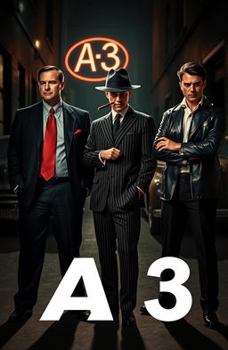 A cinematic scene featuring three men dressed in a classic mafia style