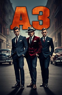 Three stylish younger men, aged 22, dressed in slick mafia attire, exuding a charismatic and dangerous aura