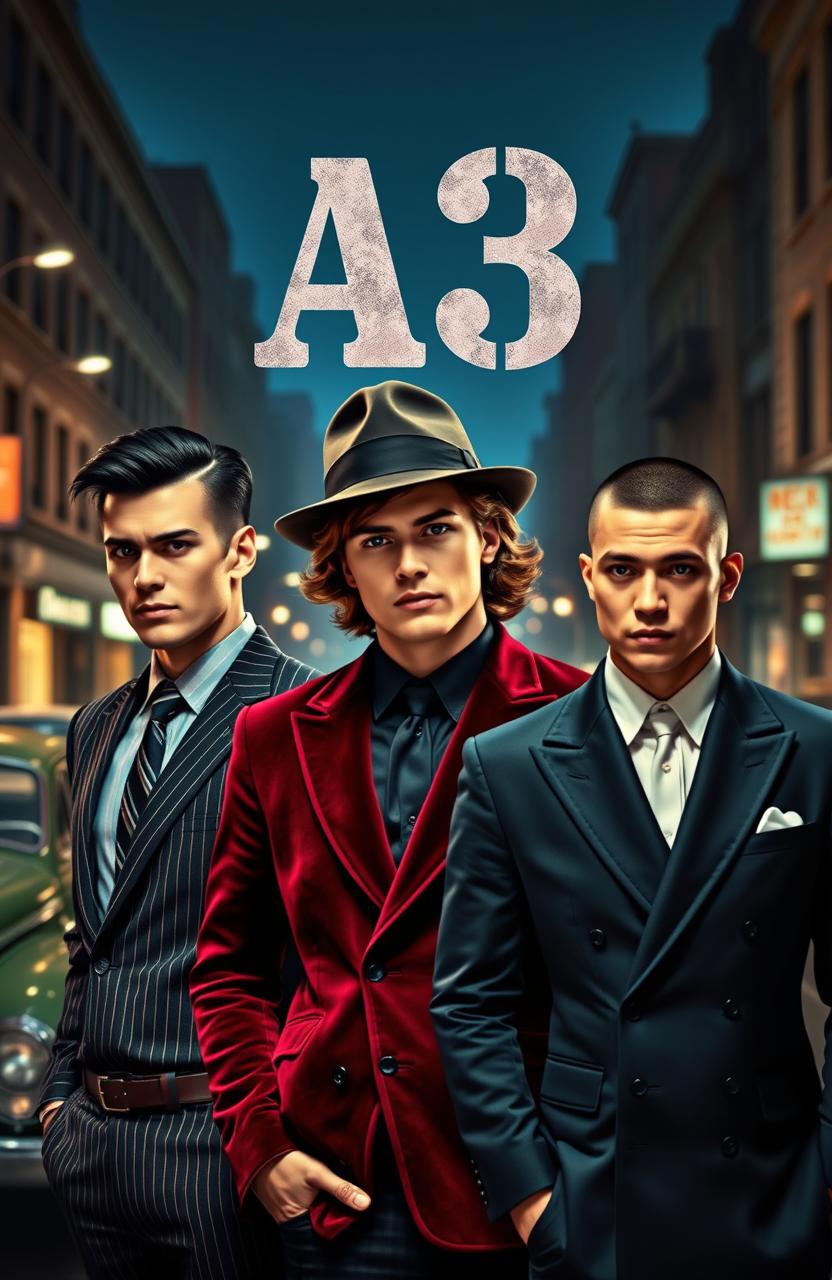 Three stylish younger men, aged 22, dressed in slick mafia attire, exuding a charismatic and dangerous aura