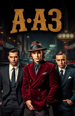 Three stylish younger men, aged 22, dressed in slick mafia attire, exuding a charismatic and dangerous aura