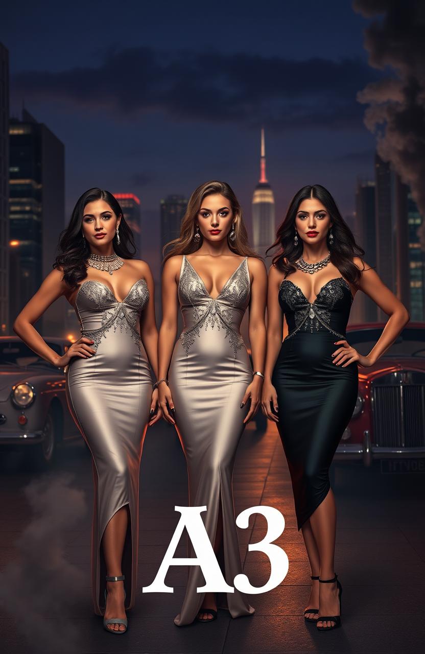 Three young women, each 22 years old, dressed elegantly in glamorous mafia wife attire, standing confidently in an upscale urban setting