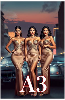 Three young women, each 22 years old, dressed elegantly in glamorous mafia wife attire, standing confidently in an upscale urban setting