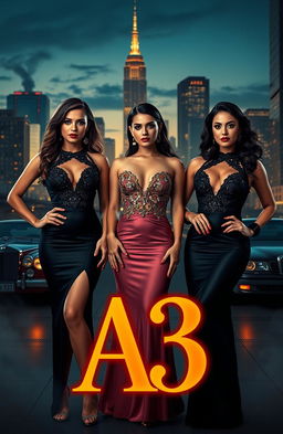 Three young women, each 22 years old, dressed elegantly in glamorous mafia wife attire, standing confidently in an upscale urban setting