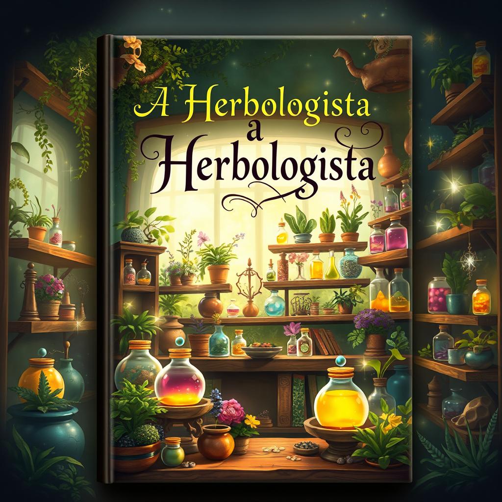 An enchanting book cover design for a fantasy novel titled 'A Herbologista'